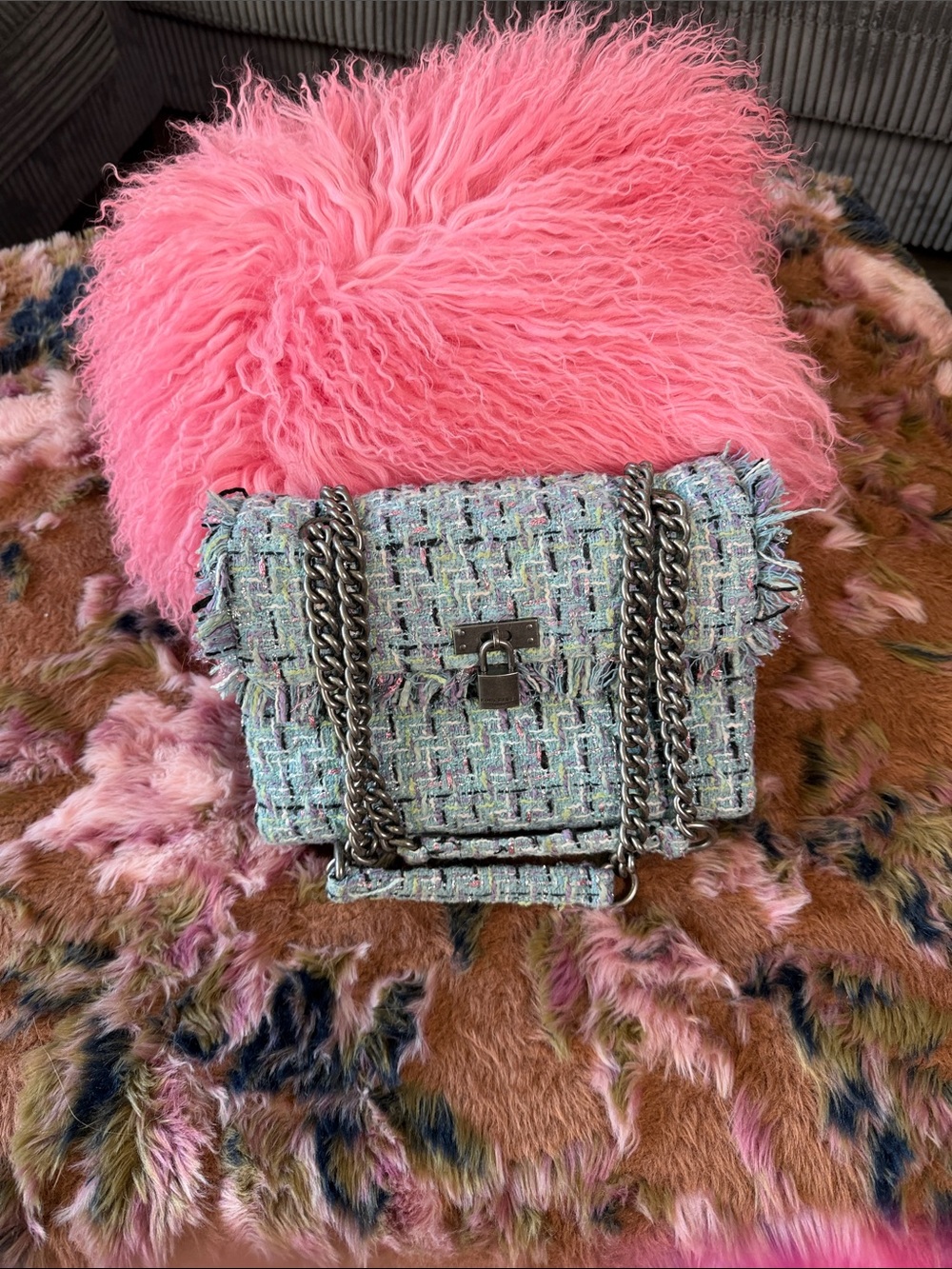 KURT GEIGER Textured Mint Tweed Chain Shoulder Bag THE BRIXTON